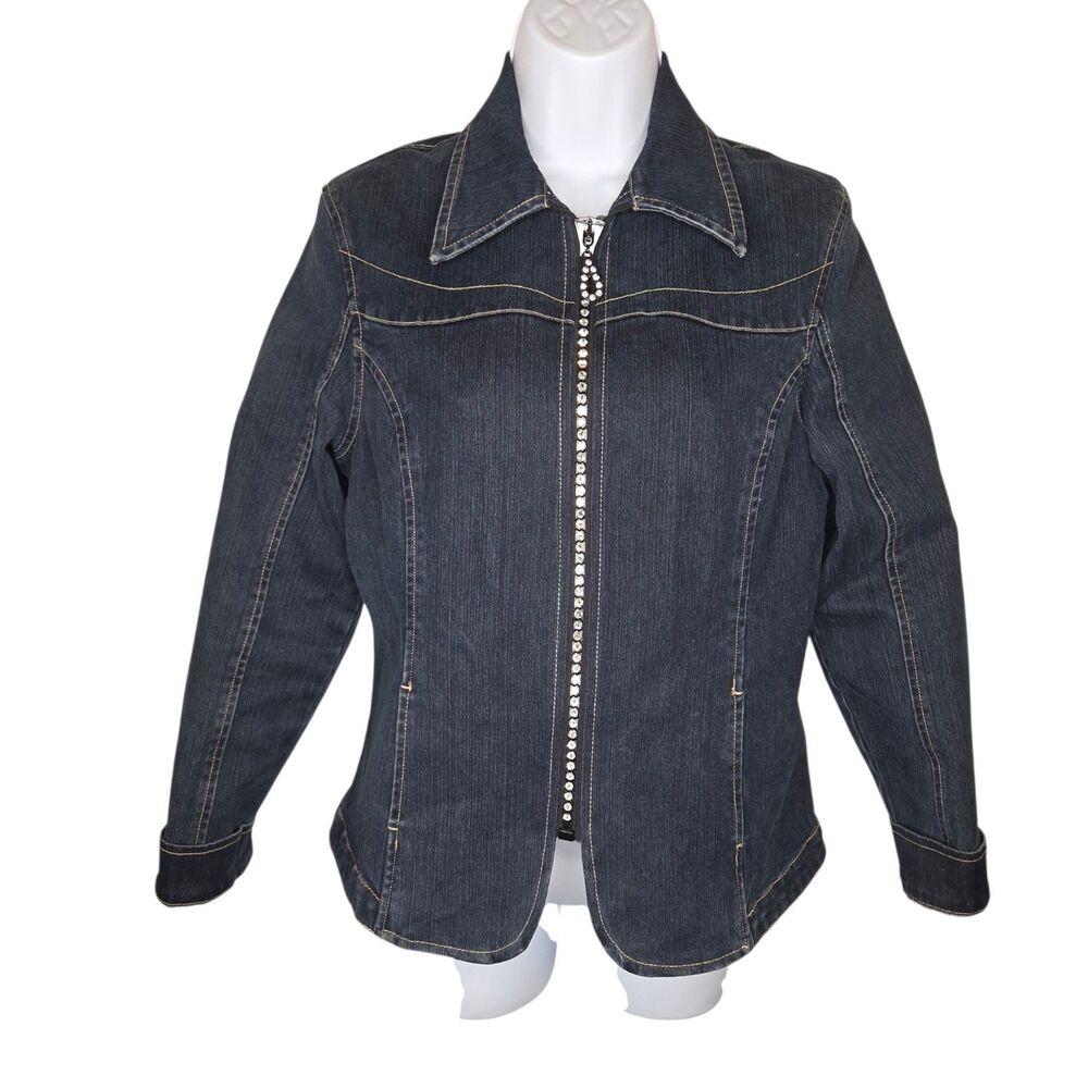 Christine Alexander Swarovski Crystal Zipper Denim Western Jacket Size XS